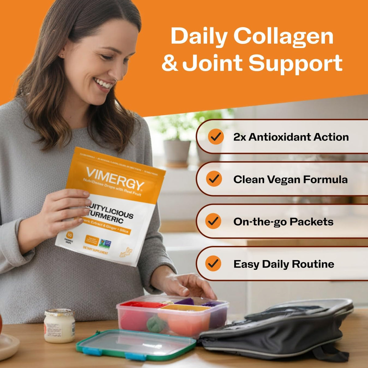 Vimergy NutriDense Fruitylicious Turmeric + Ginger Chewables (300mg Turmeric Extract, 22mg Silica, 10mg Ginger per Serving) Vegan, No Artificial Sweeteners, Mobility Support, 30 Servings (60 Count)