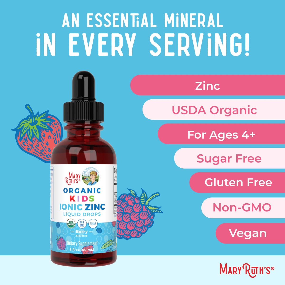 MaryRuth Organics Zinc Supplement for Immune Support, Immune Support Supplement for Kids, Ages 4-13, Zinc Sulfate, Vegan, USDA Organic, Glycerin Based, 2 Fl Oz
