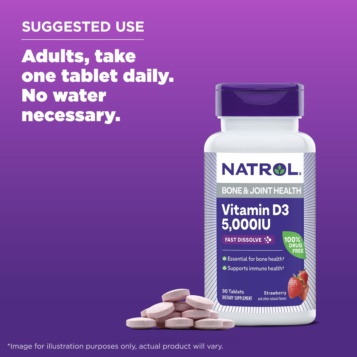 Natrol Fast Dissolve Vitamin D3 5,000 IU, Dietary Supplement for Bone and Joint Health, Bone Support Supplement, 90 Tablets, 90 Day Supply