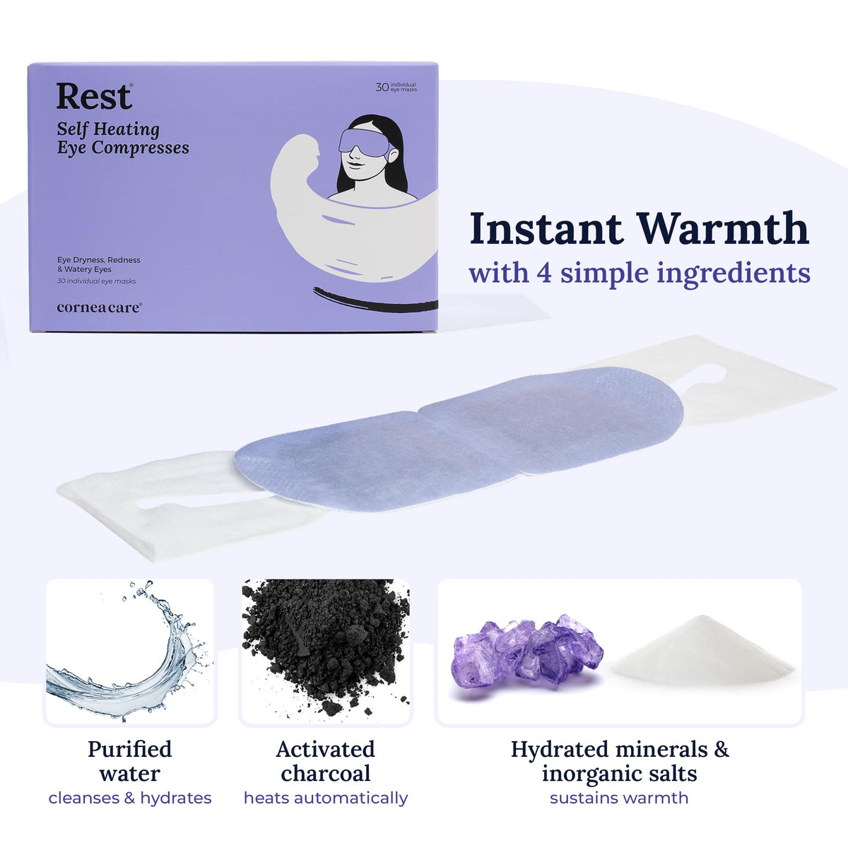CorneaCare Rest: Self Heating Warm Compress for Dry Eyes | Heated Eye Mask for Fast Relief | Steam Mask for Stye Care | No Microwave or Washcloth Needed | Travel Ready Warm Compress | 30 Count
