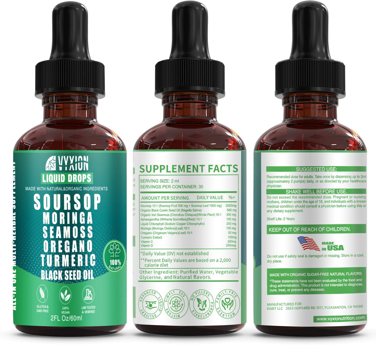Vyxion Soursop Bitters Liquid Drops 10 in 1 with Sea Moss, Moringa, Turmeric, Black Seed Oil, Oregano, Ashwagandha | Herbal Extracts for Overall Health-Enhancing | Vegan, Non-GMO | 2 Fl Oz