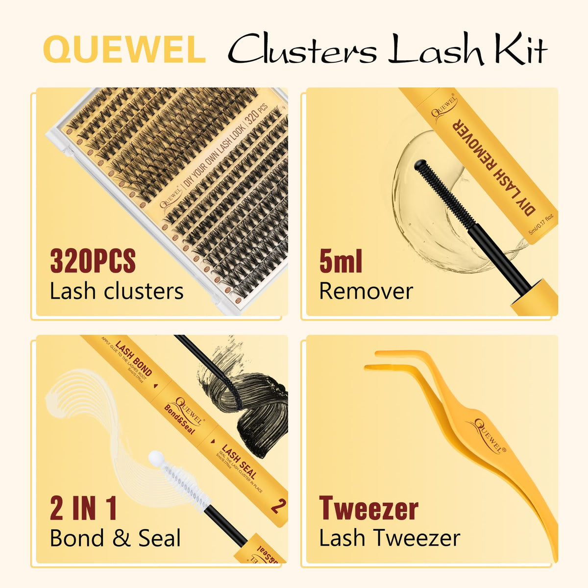 QUEWEL Lash Clusters Kit, 320 Pcs 30D+40D Lash Cluster Eyelash Extensions 9-16mm Lash Clusters Wispy Kit with Eyelash Clusters Bond and Seal Glue Remover Tweezers (30D+40D Kit)
