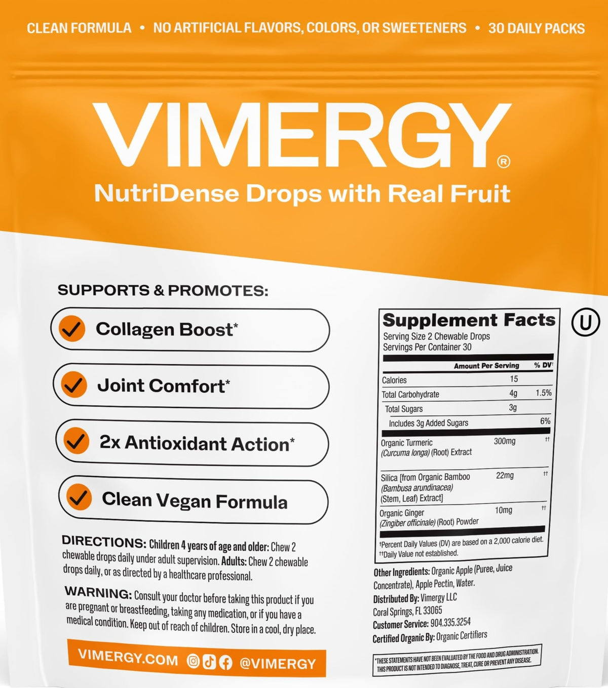 Vimergy NutriDense Fruitylicious Turmeric + Ginger Chewables (300mg Turmeric Extract, 22mg Silica, 10mg Ginger per Serving) Vegan, No Artificial Sweeteners, Mobility Support, 30 Servings (60 Count)