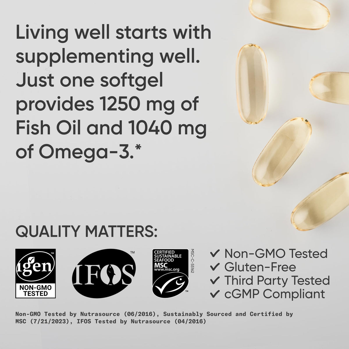 Sports Research® Omega-3 Fish Oil 1250 - Triple Strength Fish Oil Supplement from Wild Alaska Pollock - MSC Certified Sustainable · Non-GMO · Soy Free - 180 Softgel Capsules