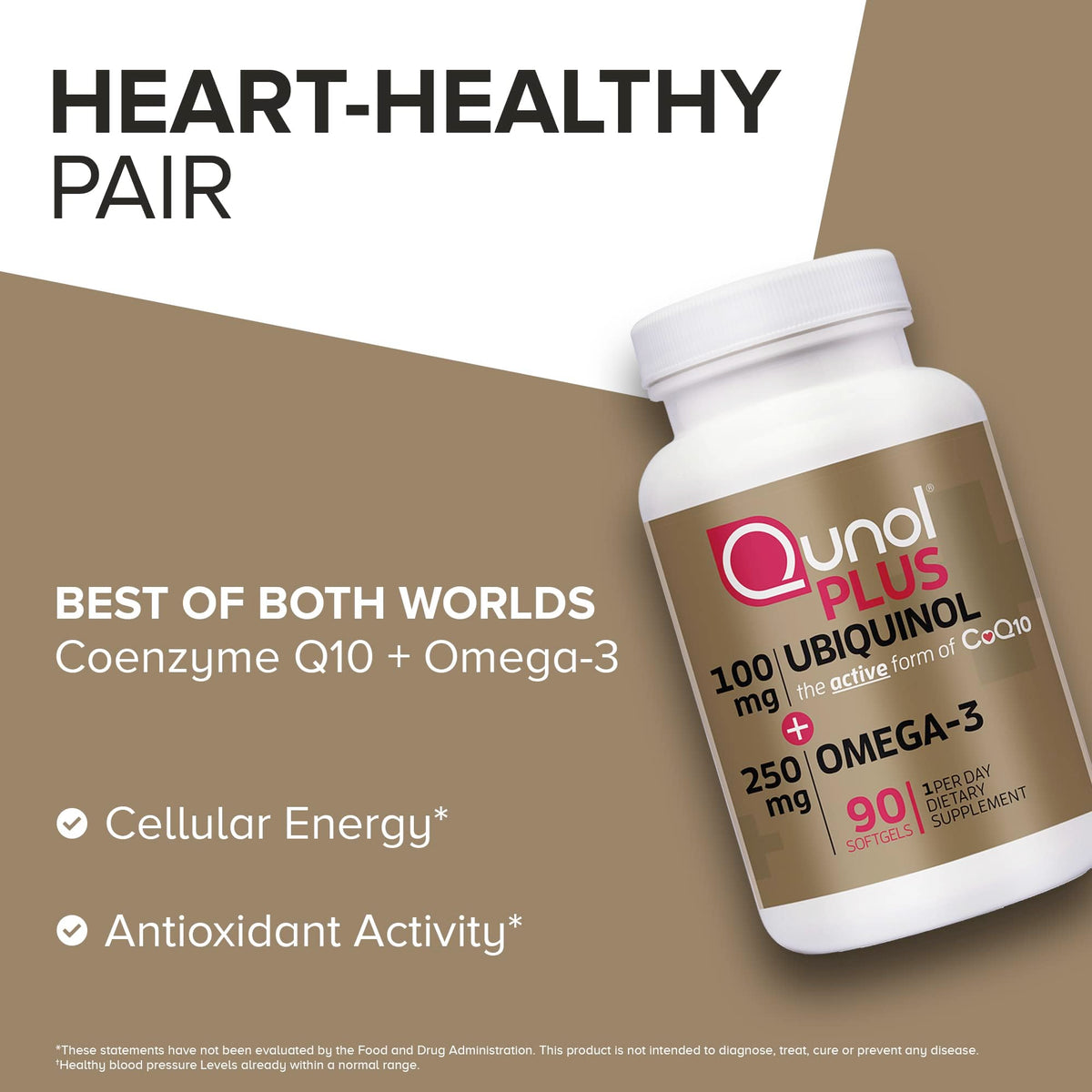 Qunol Plus Ubiquinol CoQ10 100mg with Omega 3 Fish Oil 250mg, Extra Strength Antioxidant Supplement, 90 Count
