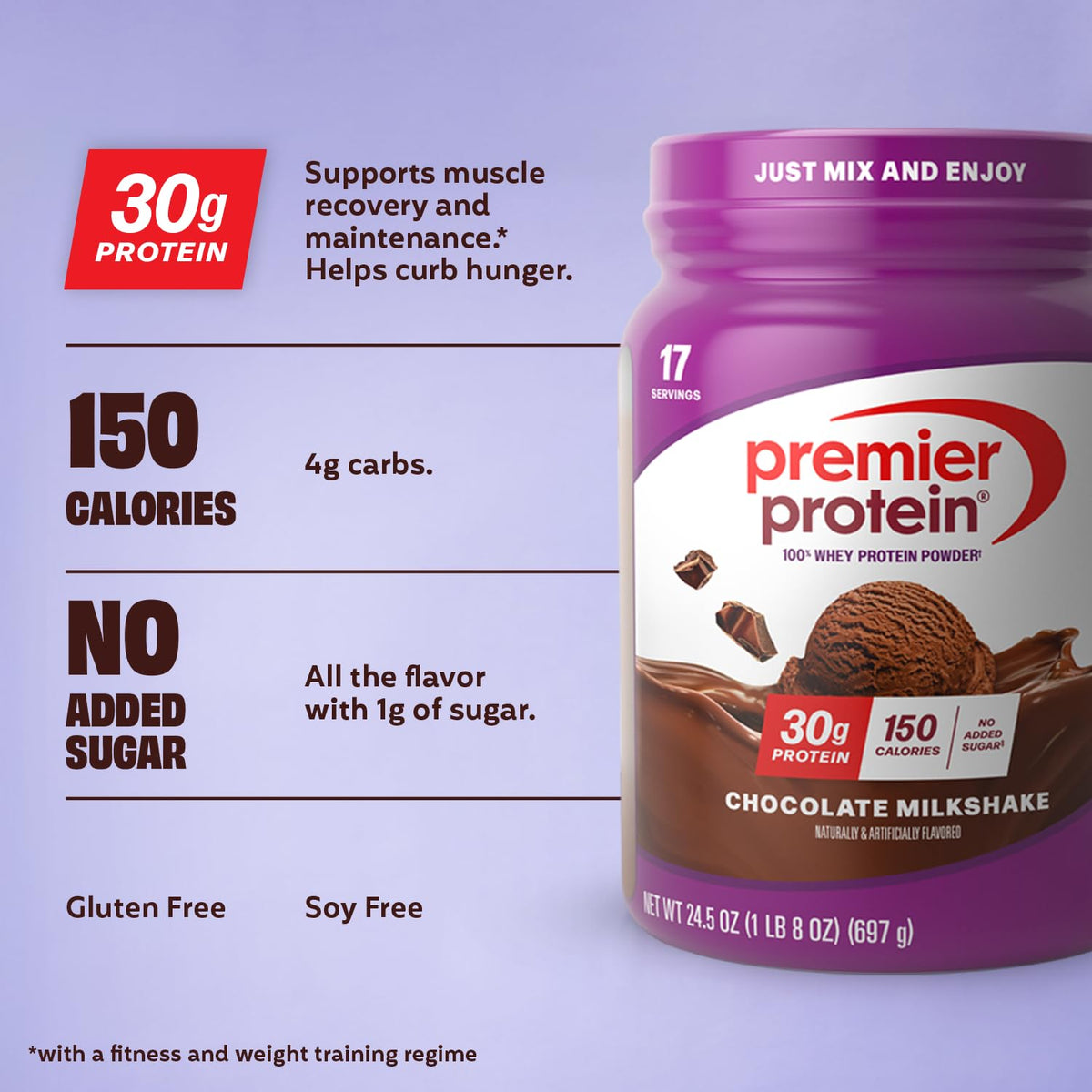 Premier Protein Powder, Chocolate Milkshake, 30g Protein, No Added Sugar, 100% Whey Protein, Keto Friendly, Soy & Gluten Free, 24.5 oz (17 Servings)