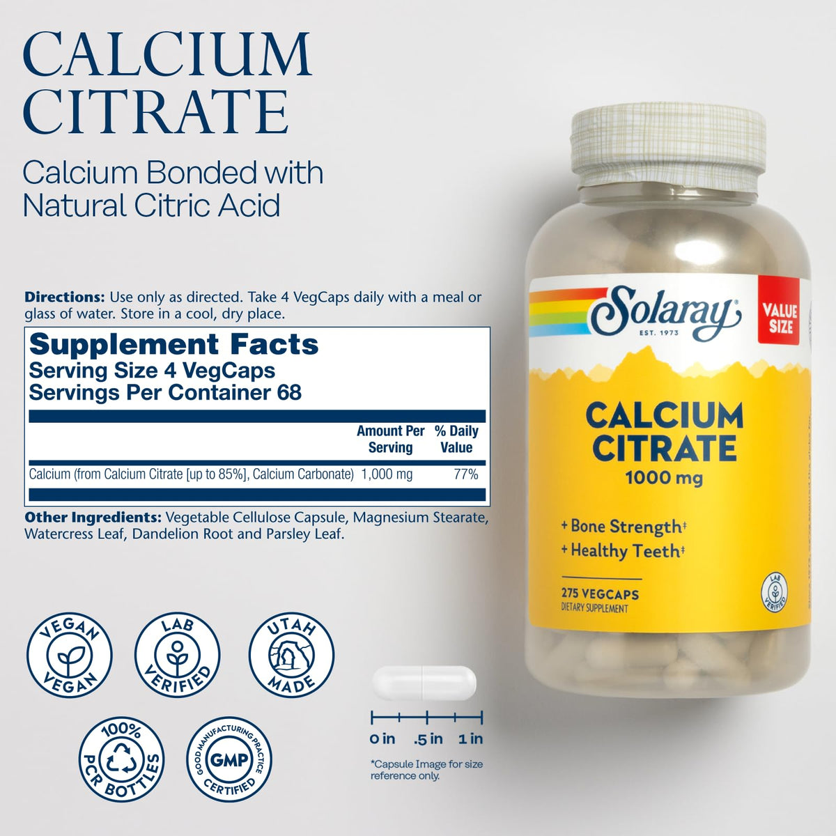 Solaray Calcium Citrate 1000mg - Chelated Calcium Supplement - Supports Bone Strength and Healthy Teeth - Easy to Digest - Vegan - 68 Servings, 275 VegCaps