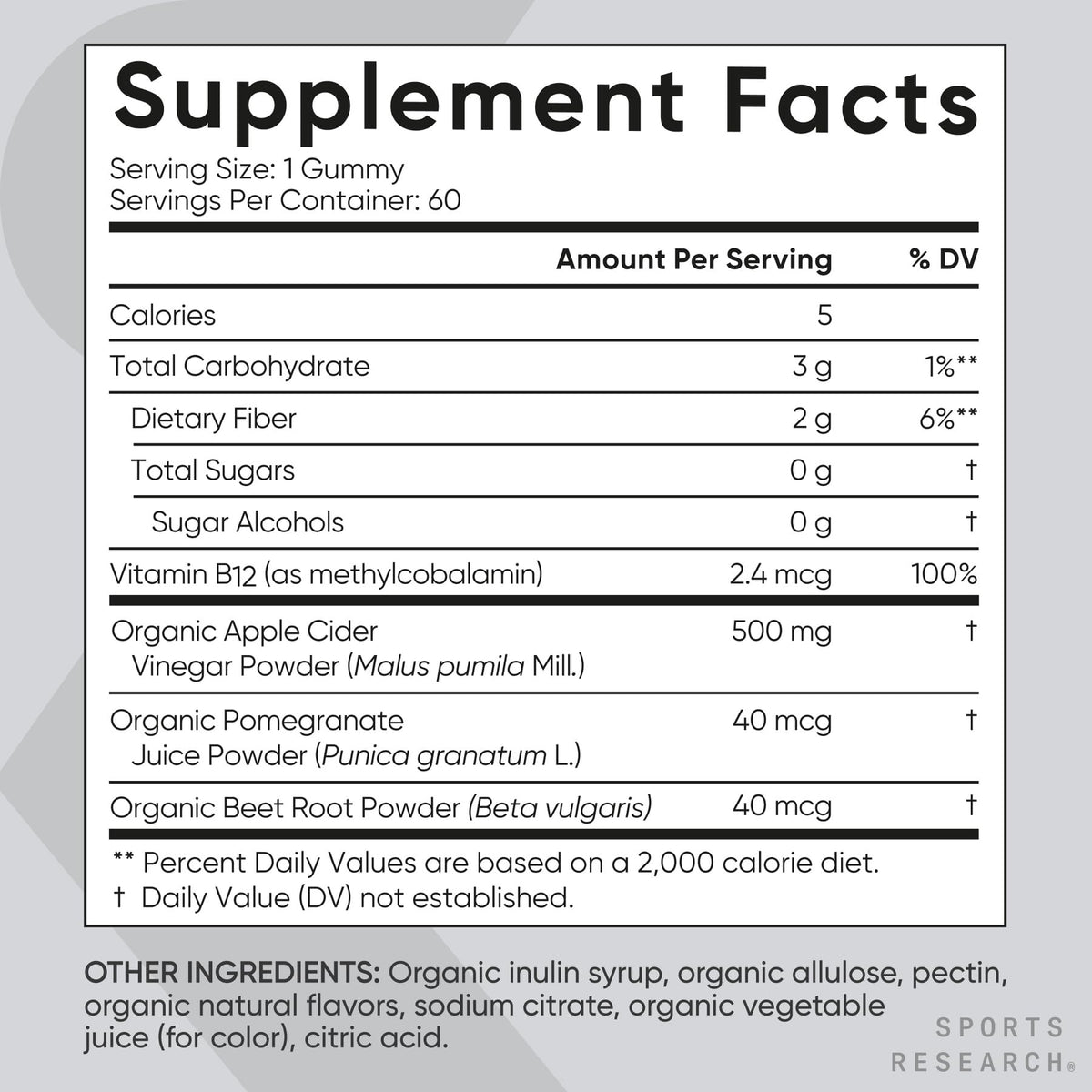 Sports Research® Organic Apple Cider Vinegar Gummies - for Diet Cleanses & Digestion | 500mg | Non-GMO Tested, Certified Vegan, Gluten Free ACV - 60 Gummies for Adults, 1 Month Supply