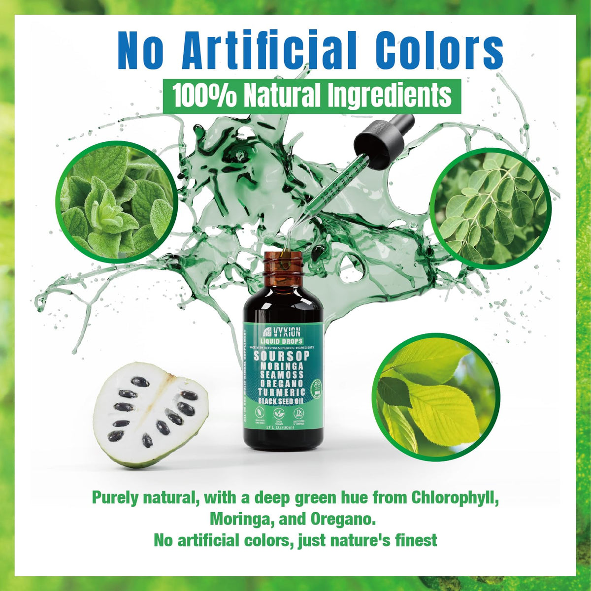 Vyxion Soursop Bitters Liquid Drops 10 in 1 with Sea Moss, Moringa, Turmeric, Black Seed Oil, Oregano, Ashwagandha | Herbal Extracts for Overall Health-Enhancing | Vegan, Non-GMO | 2 Fl Oz