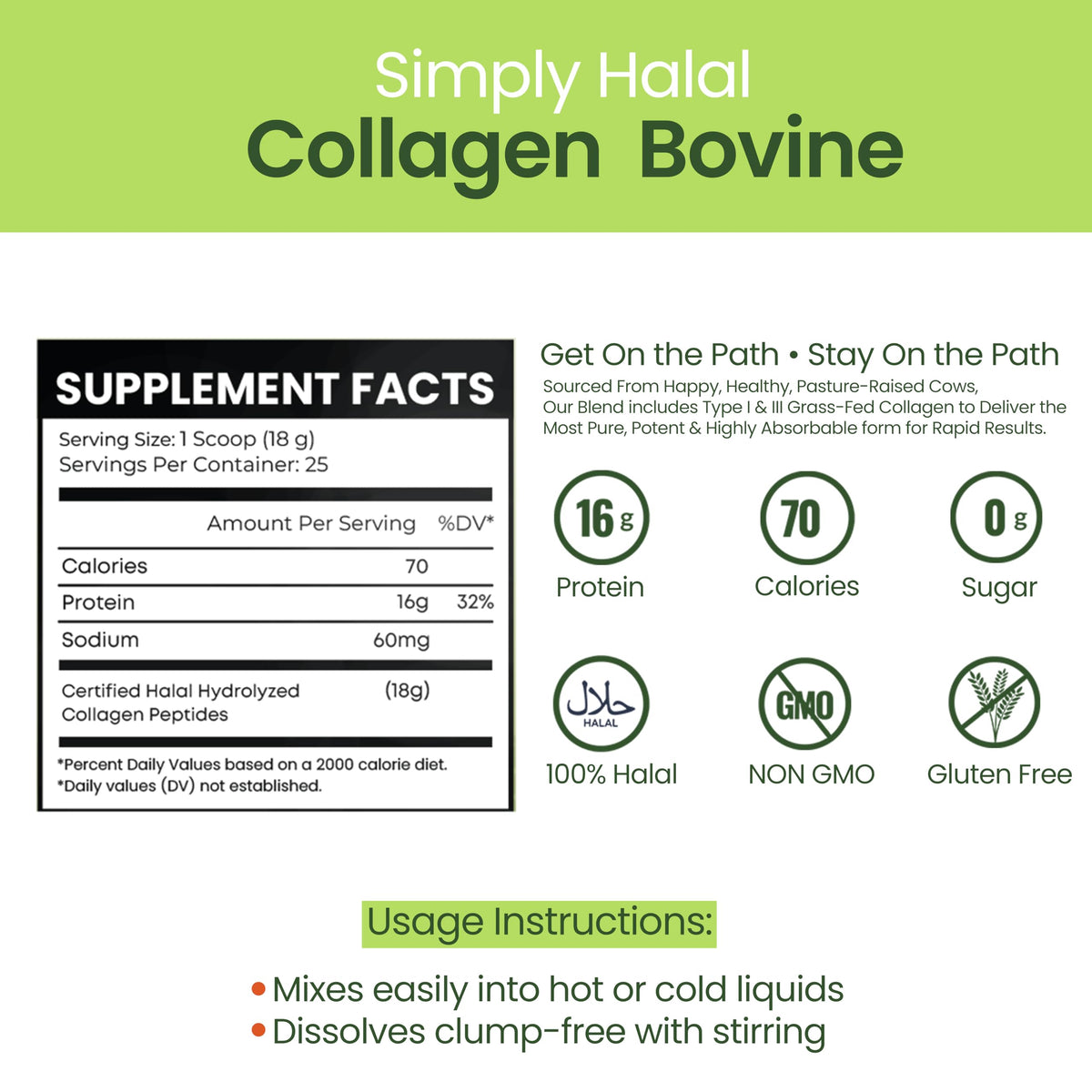 Simply Halal Collagen Bovine Powder, Halal-Certified, Type I & III Grass-Fed Collagen Peptides, Unflavored, 16g Protein/Serving, Hair Skin Joint & Digestive Support, Women & Men, 25 Servings (16OZ)