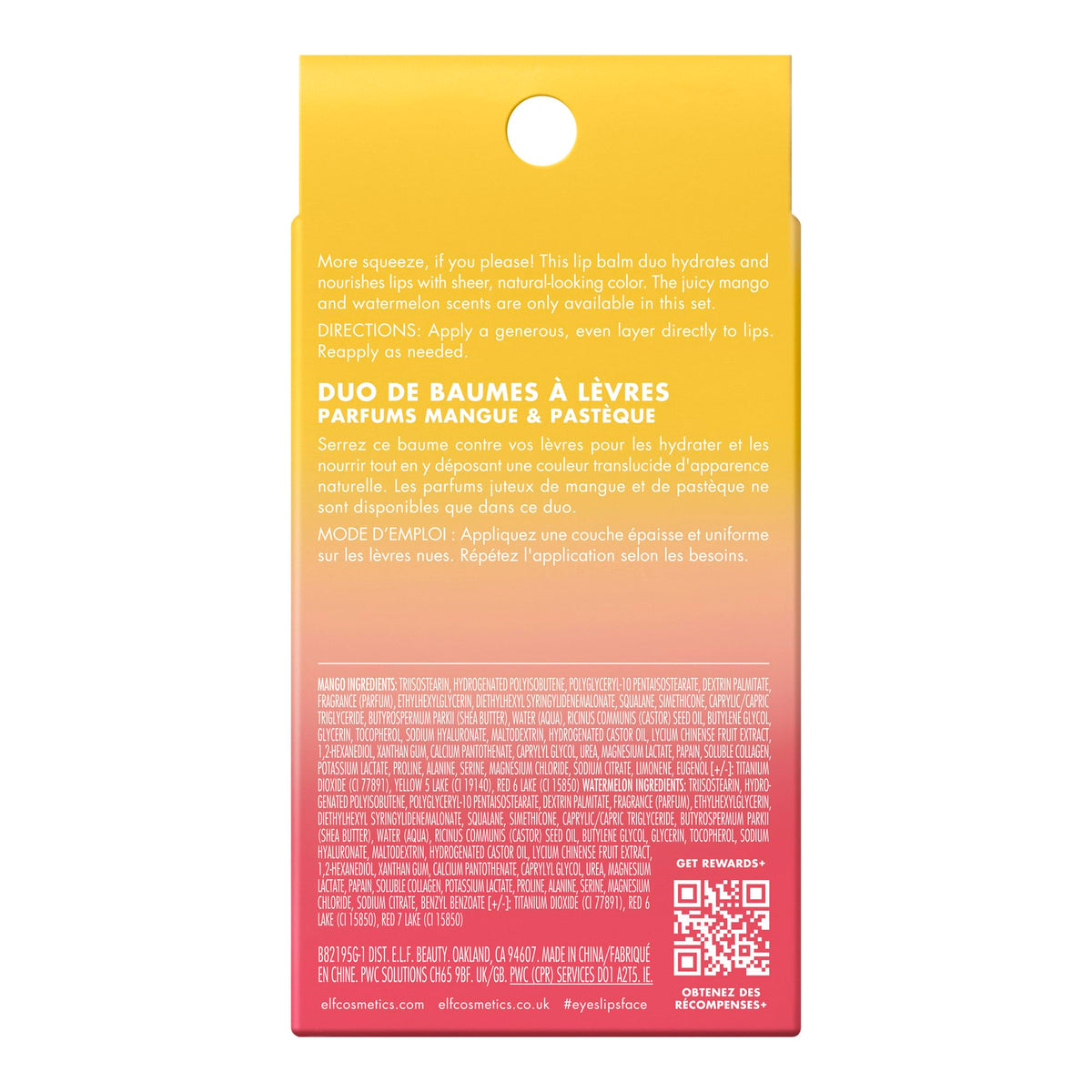 e.l.f. Squeeze Me More Lip Balm Duo, Moisturizing Balm For A Sheer Tint Of Color, Made With Hyaluronic Acid, Vegan & Cruelty-Free, Mango & Watermelon