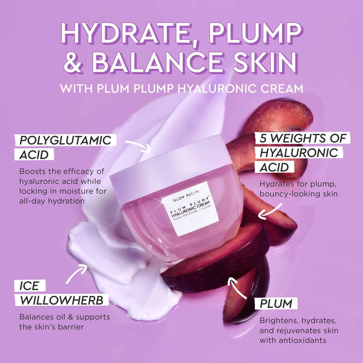 Glow Recipe Plum Plump Hyaluronic Acid Face Cream Moisturizer, Korean Moisturizer for Dry Skin, Plumping + Firming Hydration, Polyglutamic Acid + Peptides, Refillable (50ml)