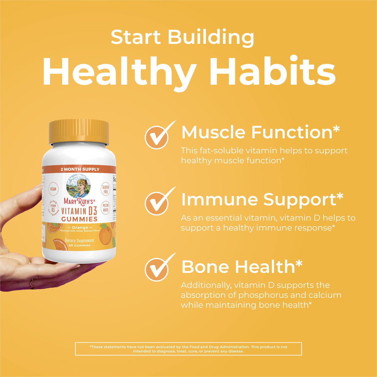 MaryRuth Organics Vitamin D3 Gummies | 2 Month Supply | Adults & Kids Vitamin D Gummy | Immune Support Supplement | VIT D3 1000IU for Bone Health&Muscle Function | Vegan | Non-GMO | Gluten Free | 60