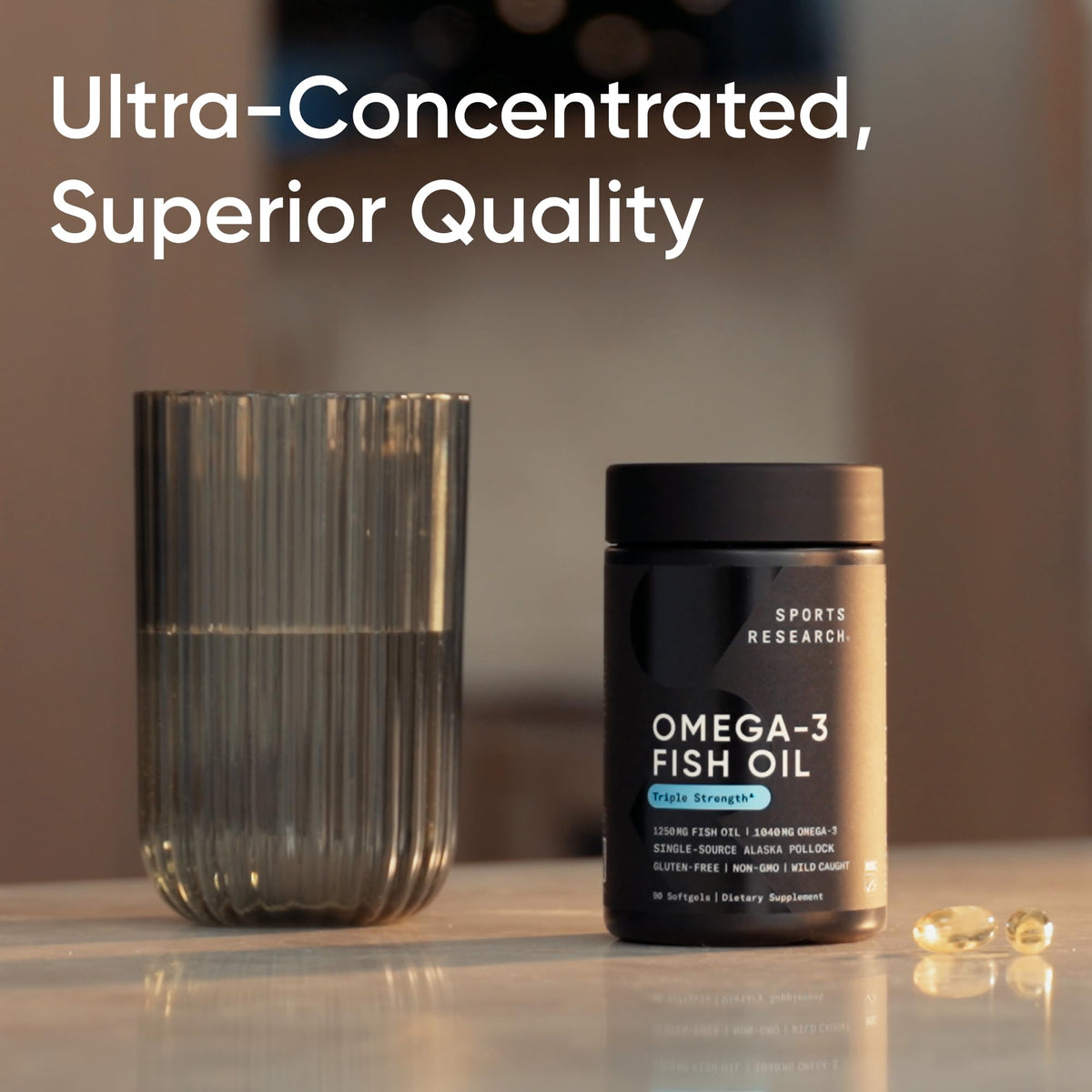 Sports Research® Omega-3 Fish Oil 1250 - Triple Strength Fish Oil Supplement from Wild Alaska Pollock - MSC Certified Sustainable · Non-GMO · Soy Free - 180 Softgel Capsules