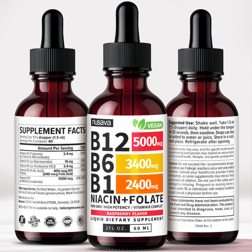 (2 Pack) Vitamin B12 and B6 Liquid Drops, B12 Sublingual Vitamin B Complex - B 12 Vitamin 5000mcg - B12 Methylcobalamin for Energy, Brain, and Heart Support with 27,200 mcg, Raspberry, 80 Servings