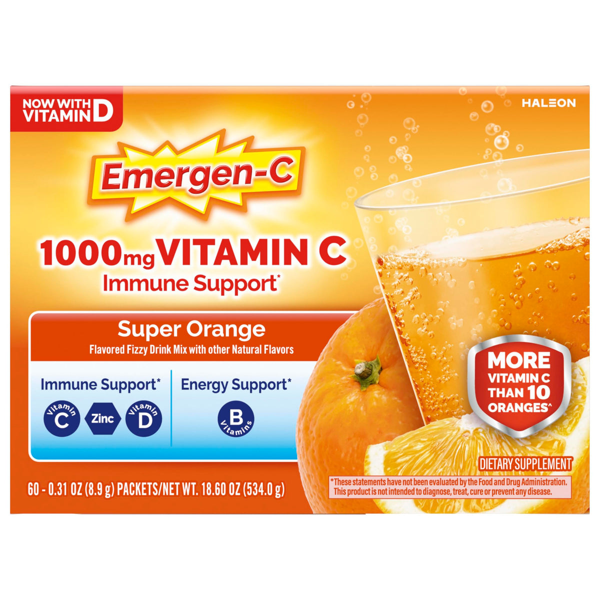 Emergen-C 1000mg Vitamin C Powder for Daily Immune Support Caffeine Free Vitamin C Supplements with Zinc and Manganese, B Vitamins and Electrolytes, Super Orange Flavor - 60 Count/2 Month Supply