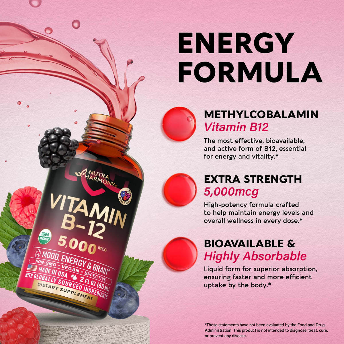 USDA Organic Vitamin B12 Sublingual Drops - 5000 mcg Liquid Vegan Methylcobalamin for Women & Men - Energy Boost, Focus & Mood, Brain Health Support - Maximize Absorption - 2 Month Supply, 2 fl oz
