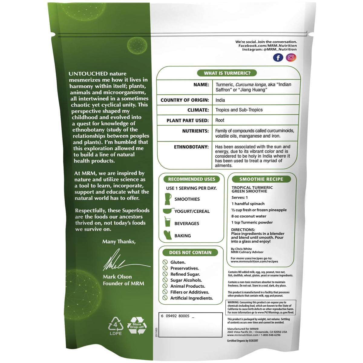 MRM Organic Turmeric Powder - for Women and Men - USDA Organic Superfood with Antioxidants and Phytonutrients for Smoothies, Drinks, & Recipes, Natural, Vegan & Gluten-Free - 85 Servings