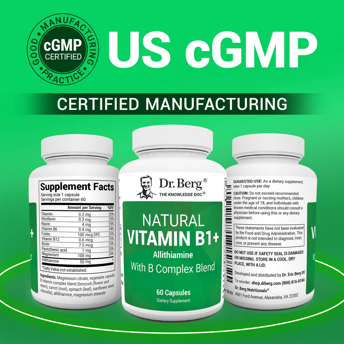 Dr. Berg Natural Vitamin B1 B6 B12 Complex - Allithiamine Vitamin B1 Supplement with 8 Essential Vitamin B Complex for Men & Women Including Thiamin, Niacin, Folate, Magnesium & More - 60 Capsules