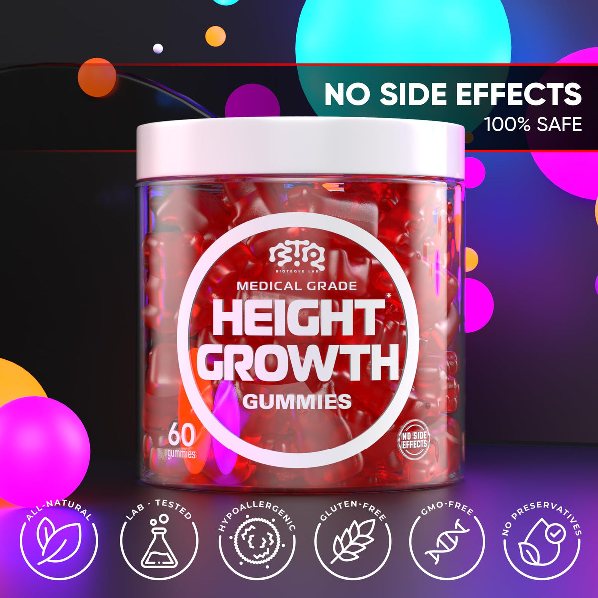 BIOTEQUELAB Height Growth Increase Gummies Vitamins, Grow Tall Supplement, Calcium, Magnesium, Zinc, Ashwagandha, Glucosamine Multivitamin for Teens, Kids, Adults