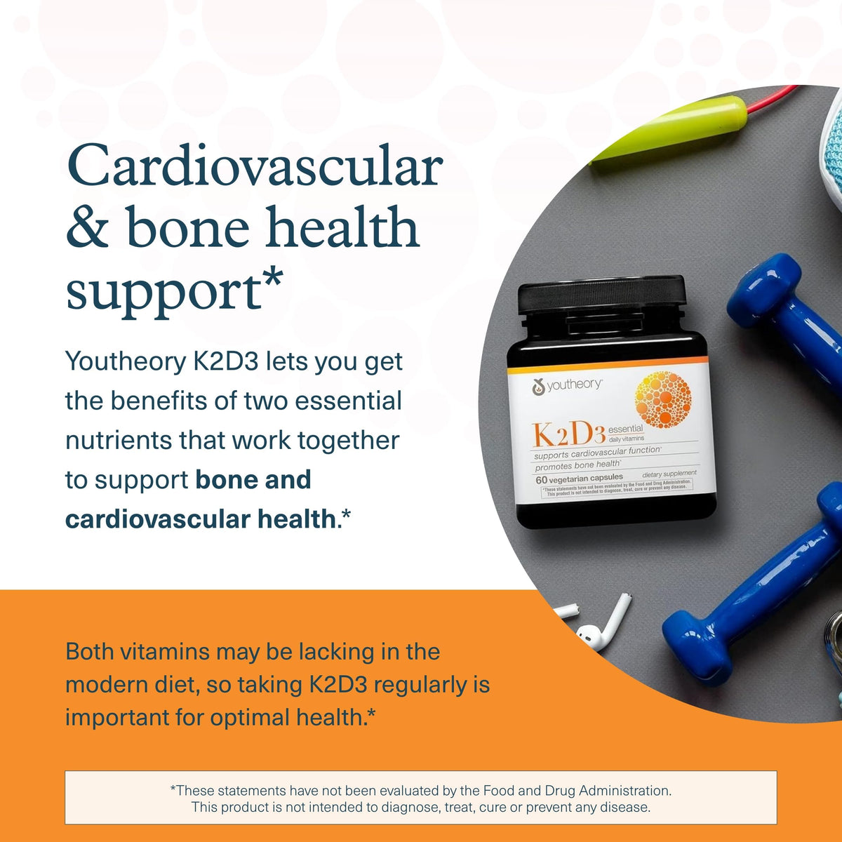 Youtheory K2D3 - Bone & Heart Health Support - Combines Vitamin D3 & Vitamin K2 - Dairy, Soy & Gluten Free - 60 Vegetarian Capsules