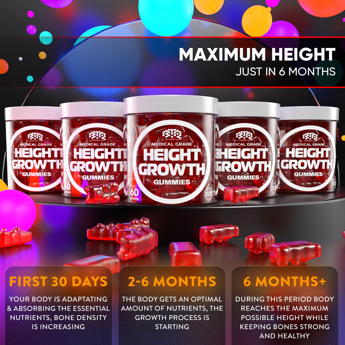 BIOTEQUELAB Height Growth Increase Gummies Vitamins, Grow Tall Supplement, Calcium, Magnesium, Zinc, Ashwagandha, Glucosamine Multivitamin for Teens, Kids, Adults