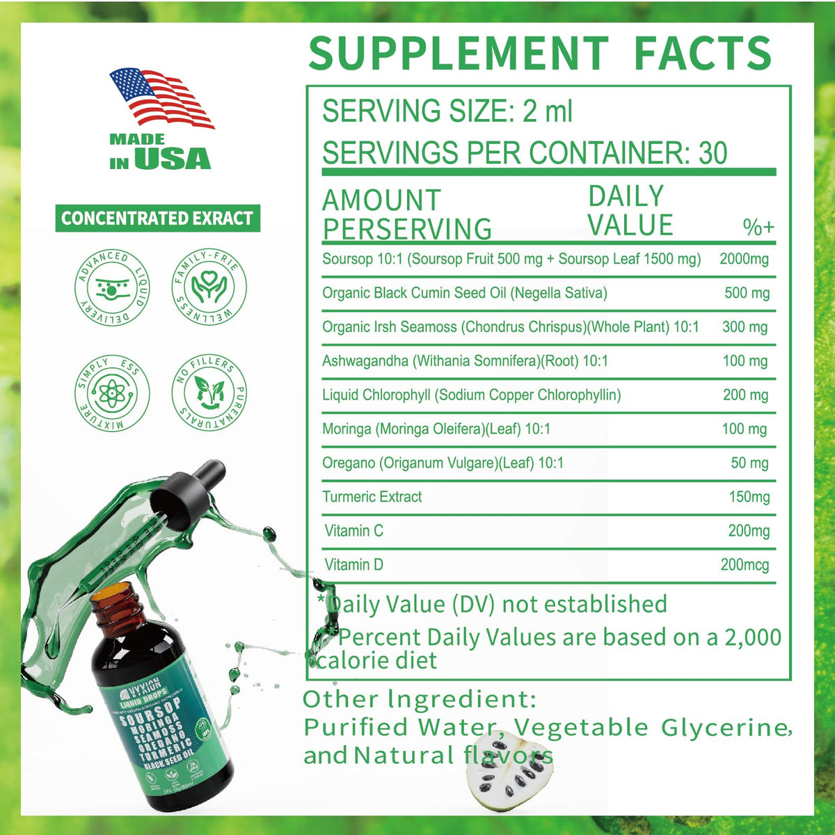 Vyxion Soursop Bitters Liquid Drops 10 in 1 with Sea Moss, Moringa, Turmeric, Black Seed Oil, Oregano, Ashwagandha | Herbal Extracts for Overall Health-Enhancing | Vegan, Non-GMO | 2 Fl Oz