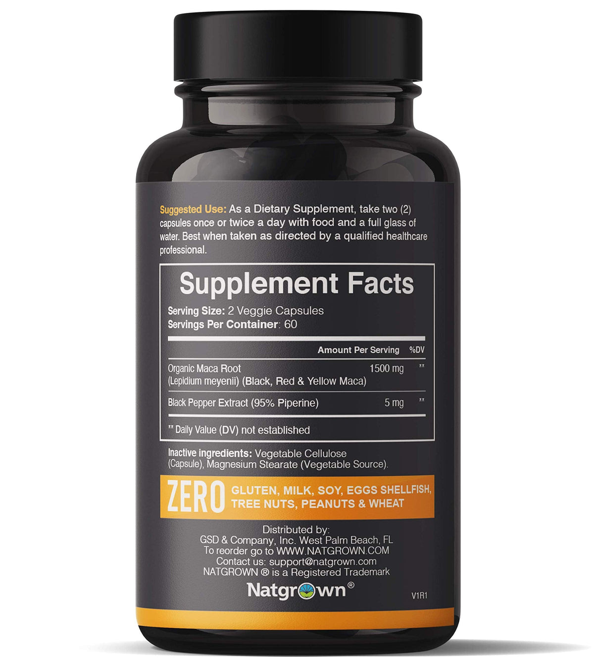 Natgrown Organic Maca Root Powder Capsules - Black, Red & Yellow - 1500 mg per Serving - Gelatinized Peruvian Maca Supplement - Non-GMO, Gluten-Free, Vegan - (120 Count)