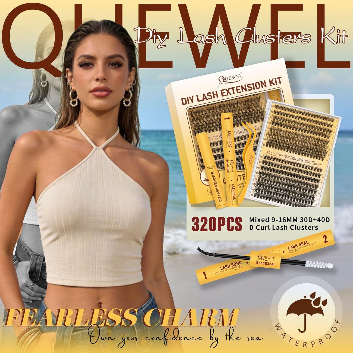 QUEWEL Lash Clusters Kit, 320 Pcs 30D+40D Lash Cluster Eyelash Extensions 9-16mm Lash Clusters Wispy Kit with Eyelash Clusters Bond and Seal Glue Remover Tweezers (30D+40D Kit)