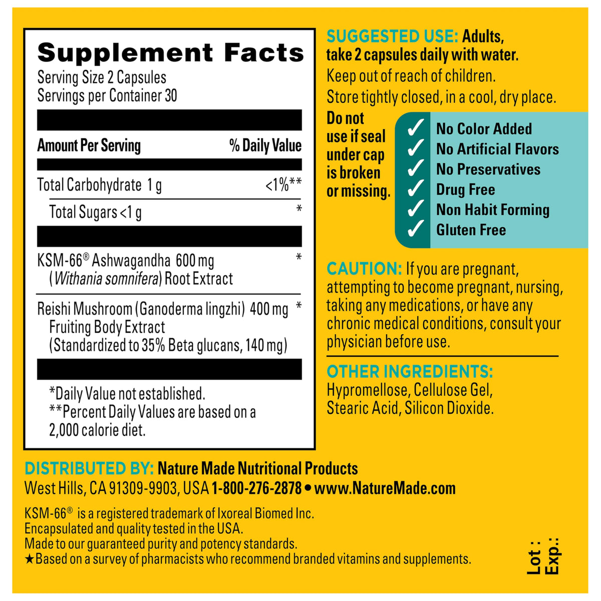 Nature Made Ashwagandha KSM 66 + Reishi Mushroom Capsules, Stress Relief Blend Ashwagandha and Mushroom Supplement, 60 Capsules, 30 Day Supply