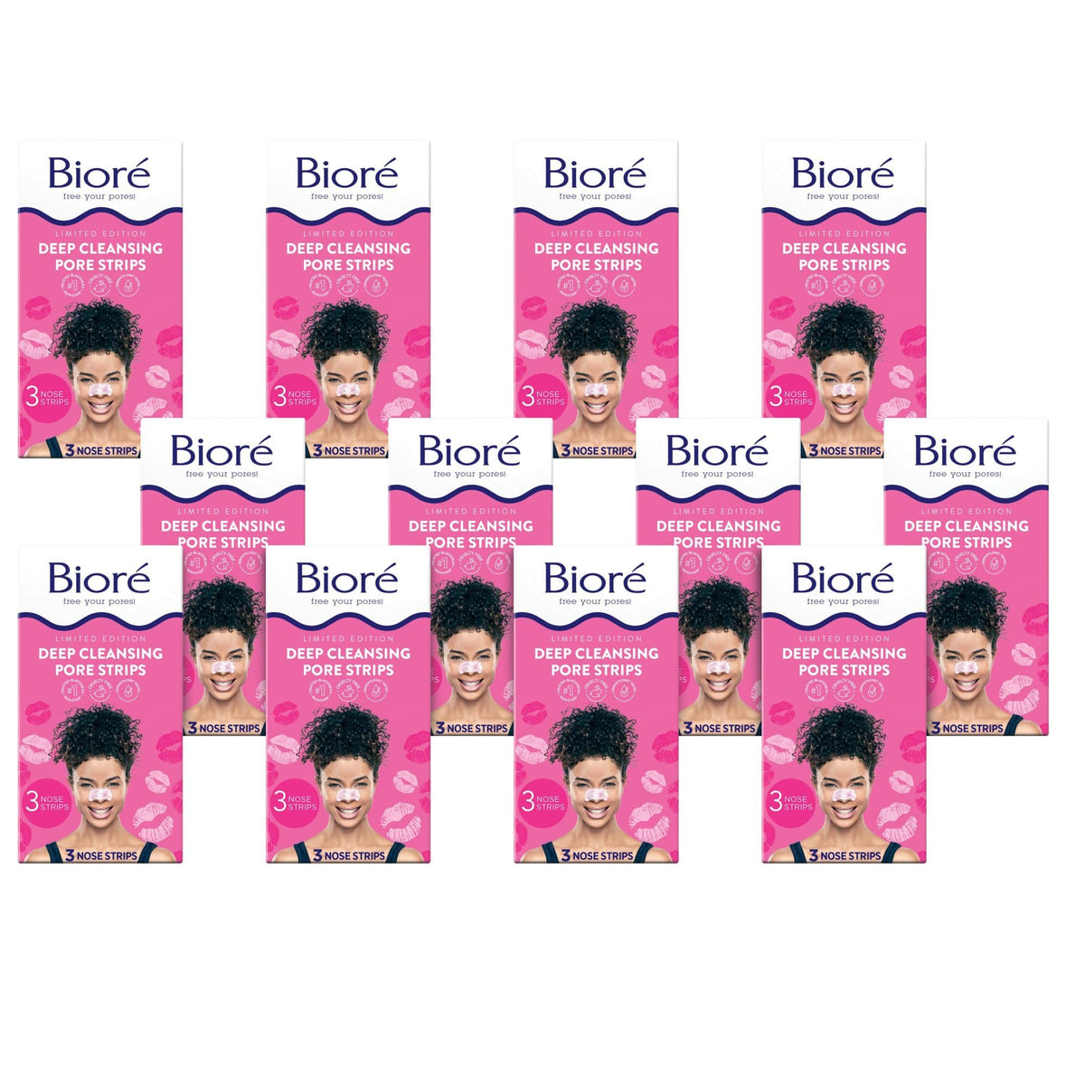 Bioré Kiss Designer Pore Strips, Nose Strips for Blackhead Removal, Features C-Bond Technology with Instant Pore Unclogging, 3 Count, Pack of 12