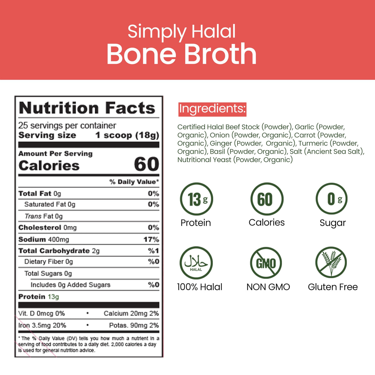 Halal Bone Broth Protein Powder for Joint, Skin, Hair, Nail, Gut Health & Digestive Support – Grass-Fed Hydrolyzed Collagen Supplement, Non-GMO, Gluten Free, 25 Servings (16 Oz)
