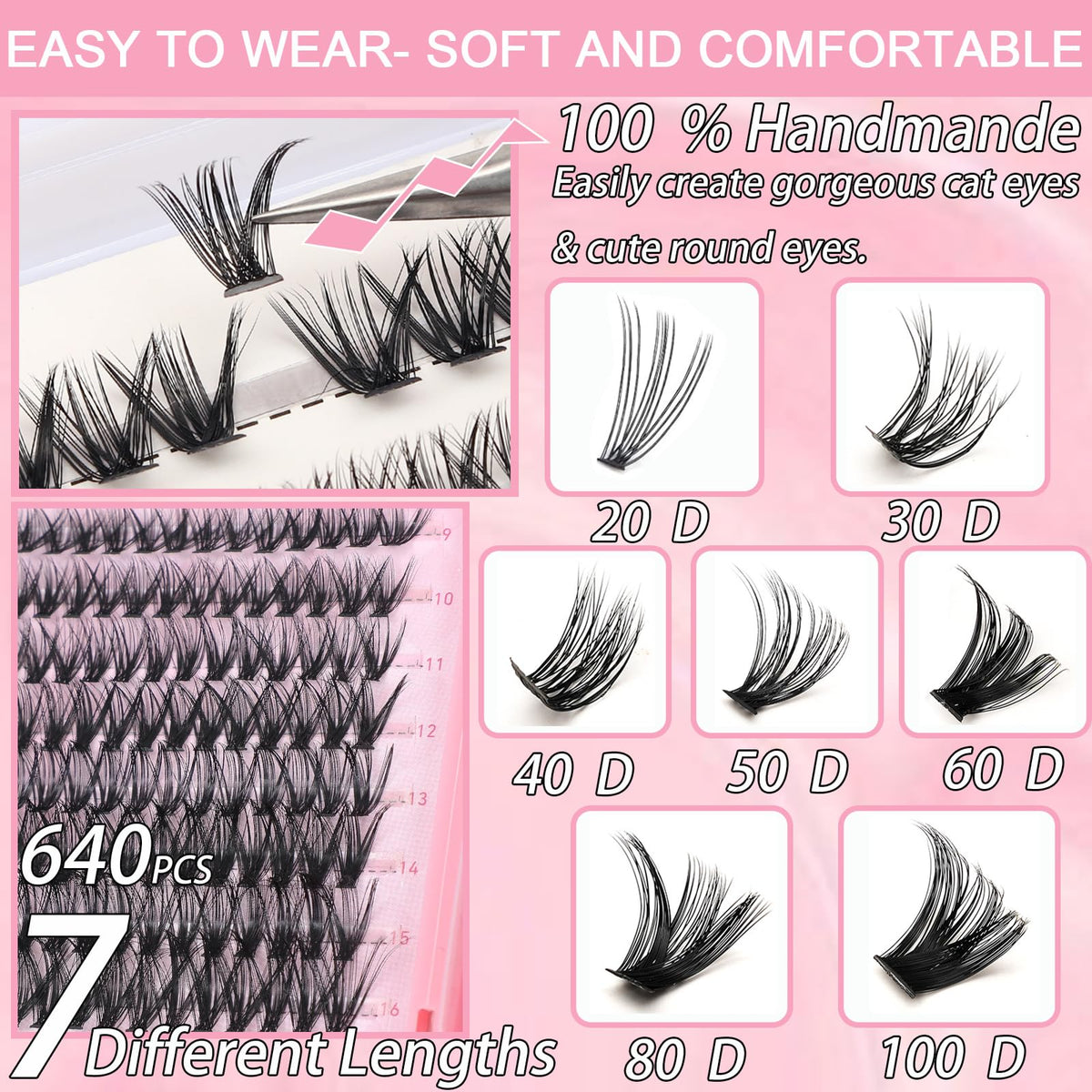 Lash Clusters Kit, 640 Pcs Eyelashes Clusters Extensions Kit 9-16mm Individual Lashes D Curl Fluffy Wispy False Eyelashes Thin Band with Bond Seal Tweezers Brush DIY (30D+40D+50D+60D Kit 9-16mm)