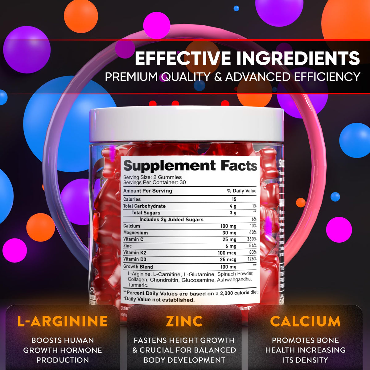 BIOTEQUELAB Height Growth Increase Gummies Vitamins, Grow Tall Supplement, Calcium, Magnesium, Zinc, Ashwagandha, Glucosamine Multivitamin for Teens, Kids, Adults