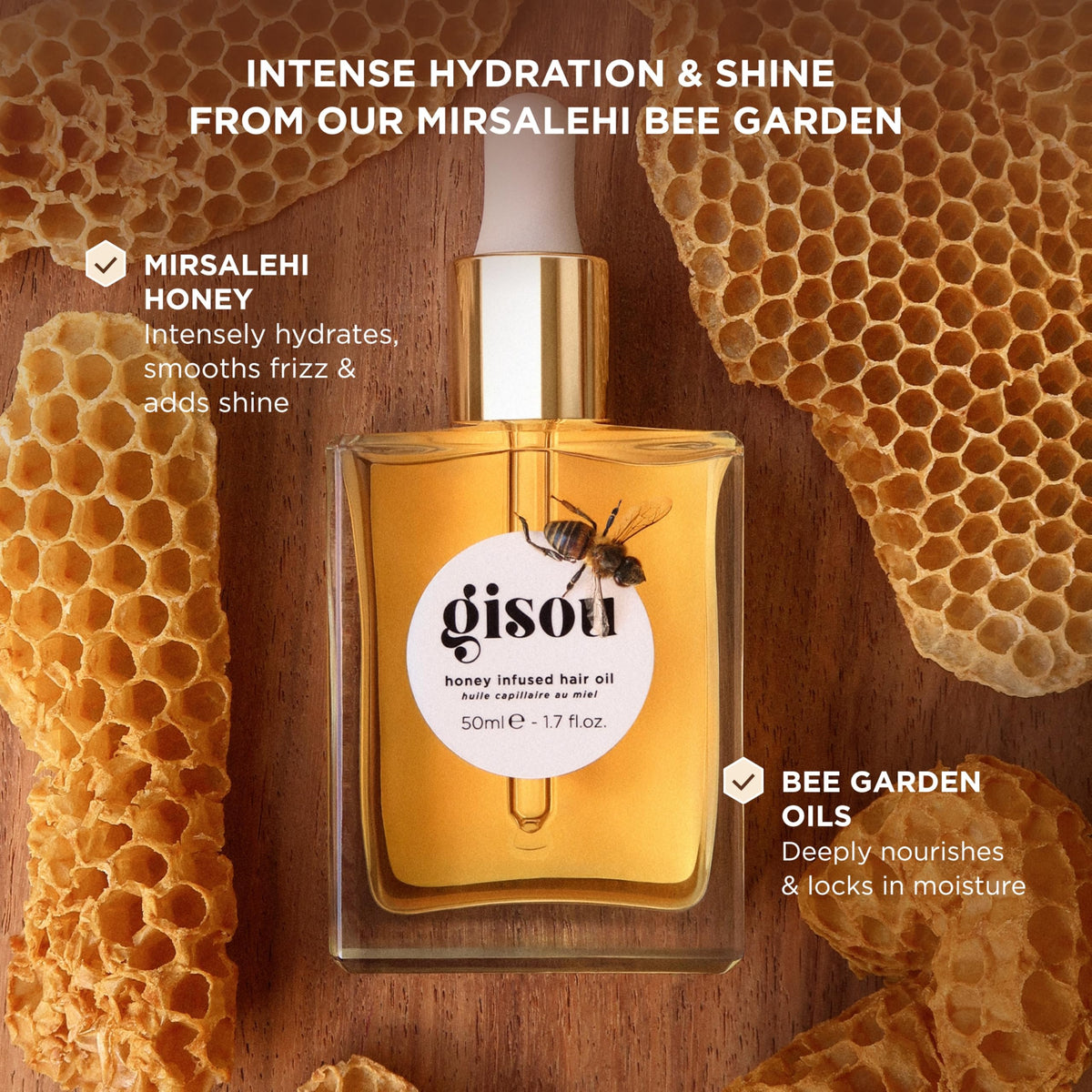 Gisou Honey Infused Hair Oil - Hydrating & Frizz Control Treatment with Mirsalehi Honey, Adds Shine & Heat Protectant for All Hair Types, 1.7 Fl Oz