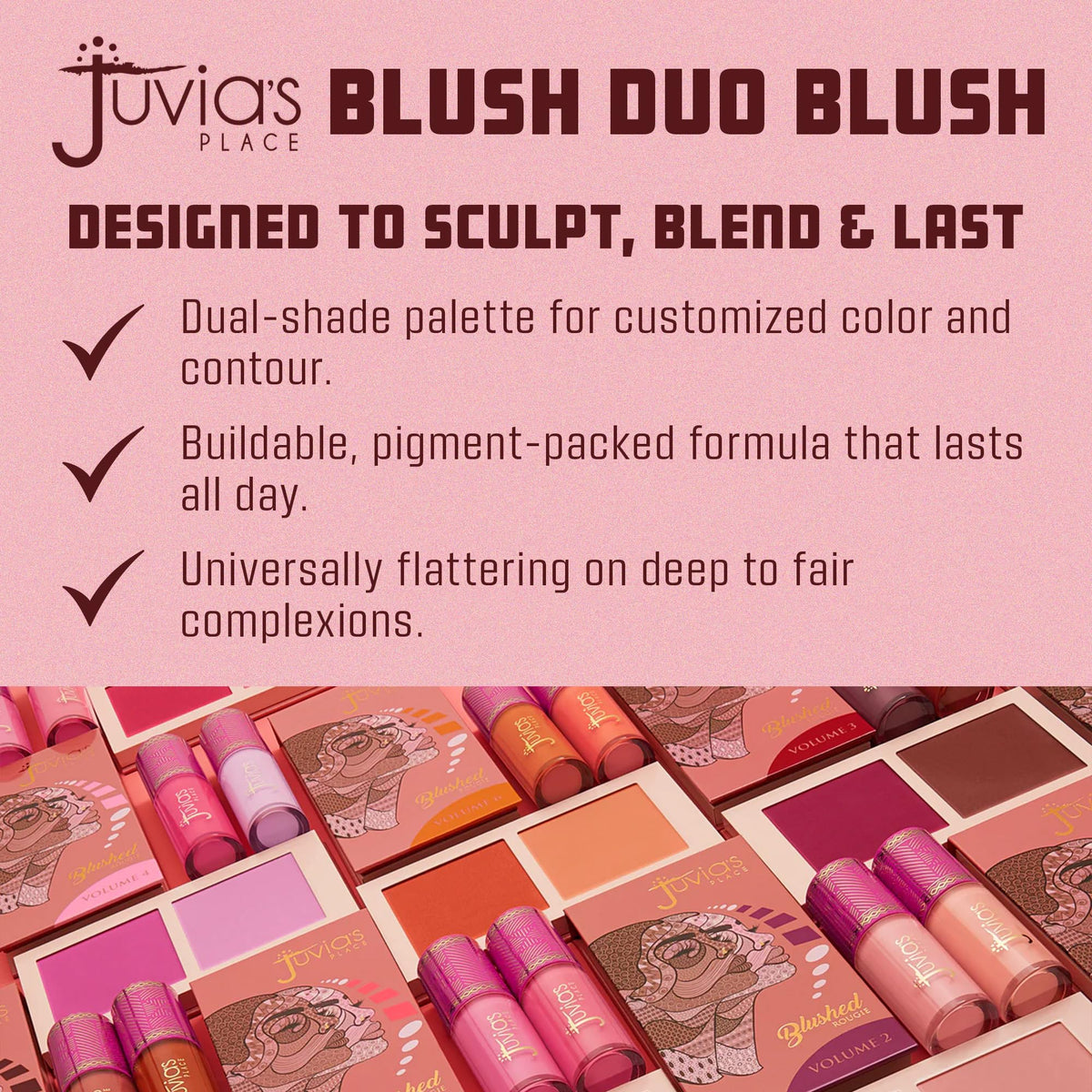 Juvia's Place Blushed Duo Blush Volume3 - Two Tone Pigmented Buildable Pressed Mineral Powder - Rosy Natural Cheeks Matte Fresh Finish for All Skin Color