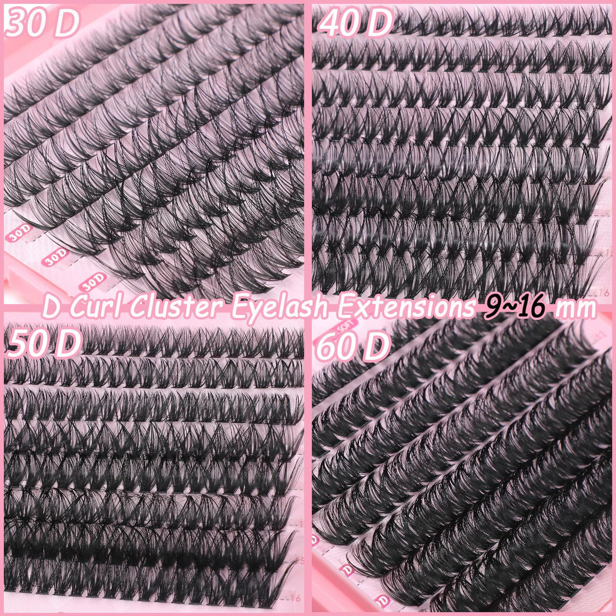 Lash Clusters Kit, 640 Pcs Eyelashes Clusters Extensions Kit 9-16mm Individual Lashes D Curl Fluffy Wispy False Eyelashes Thin Band with Bond Seal Tweezers Brush DIY (30D+40D+50D+60D Kit 9-16mm)